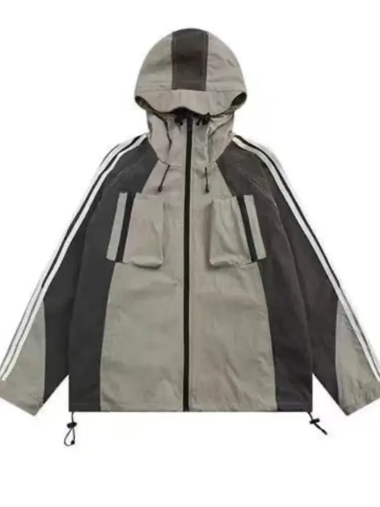 Wenkouban Vintage Black Hooded Jackets Women Y2k Oversize Windbreaker Japanese Style Techwear Harajuku Street Zipper Track Jackets