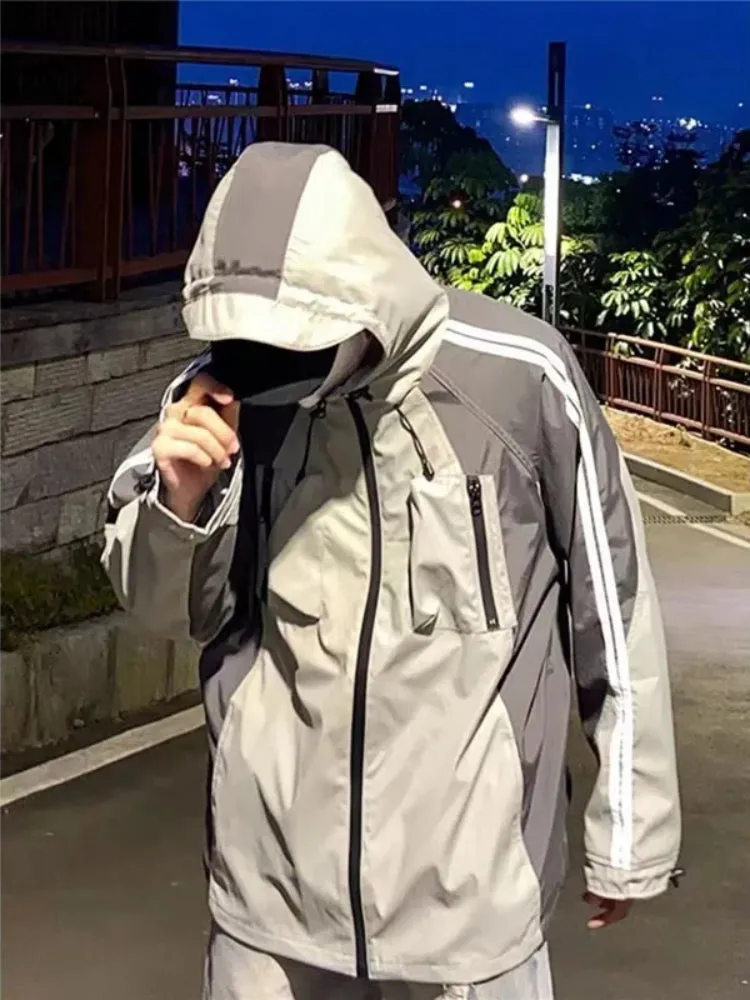 Wenkouban Vintage Black Hooded Jackets Women Y2k Oversize Windbreaker Japanese Style Techwear Harajuku Street Zipper Track Jackets