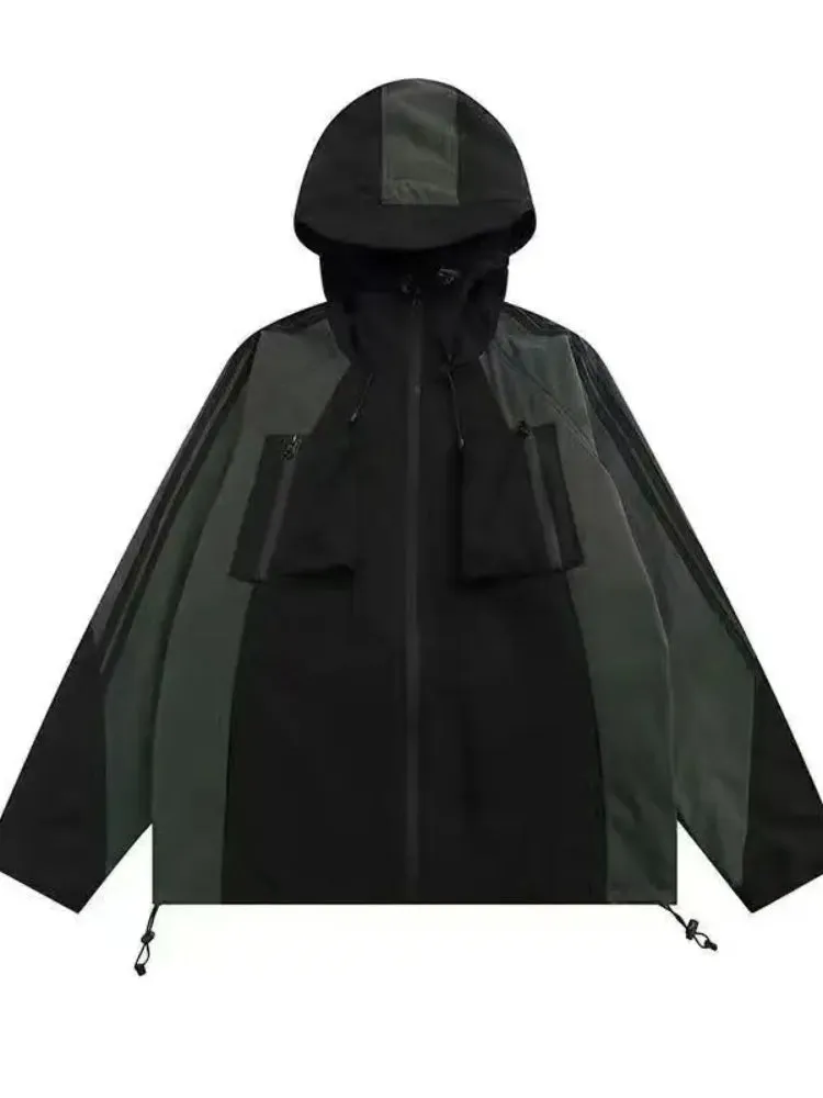 Wenkouban Vintage Black Hooded Jackets Women Y2k Oversize Windbreaker Japanese Style Techwear Harajuku Street Zipper Track Jackets