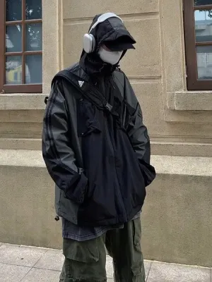Wenkouban Vintage Black Hooded Jackets Women Y2k Oversize Windbreaker Japanese Style Techwear Harajuku Street Zipper Track Jackets