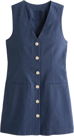 Womens Cotton Linen Vest Mini Dress Casual Button Down Sleeveless V Neck Short Tops with Pockets