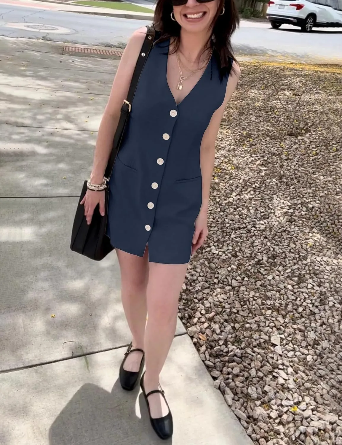 Womens Cotton Linen Vest Mini Dress Casual Button Down Sleeveless V Neck Short Tops with Pockets