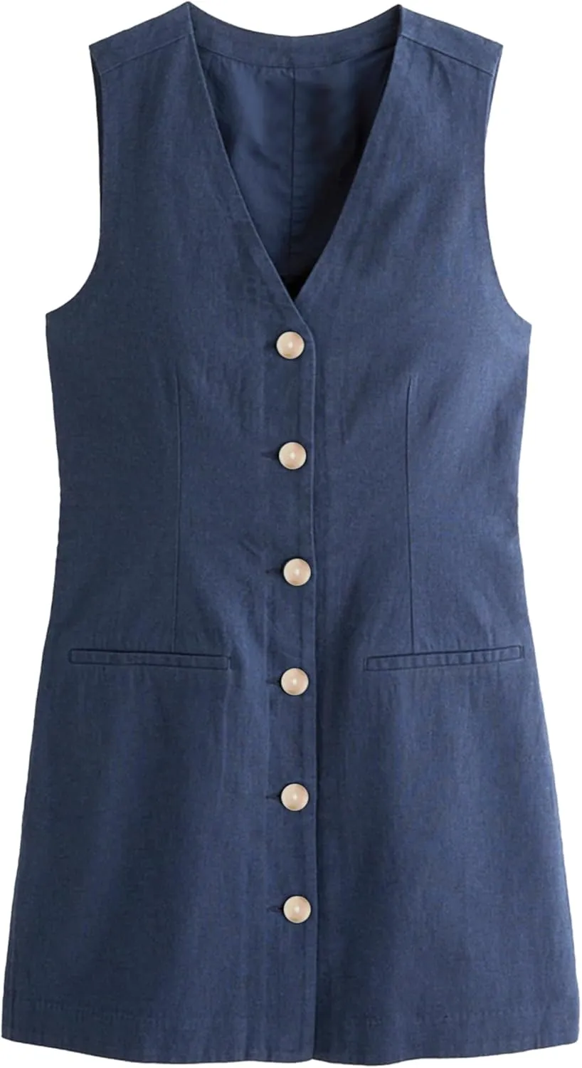 Womens Cotton Linen Vest Mini Dress Casual Button Down Sleeveless V Neck Short Tops with Pockets
