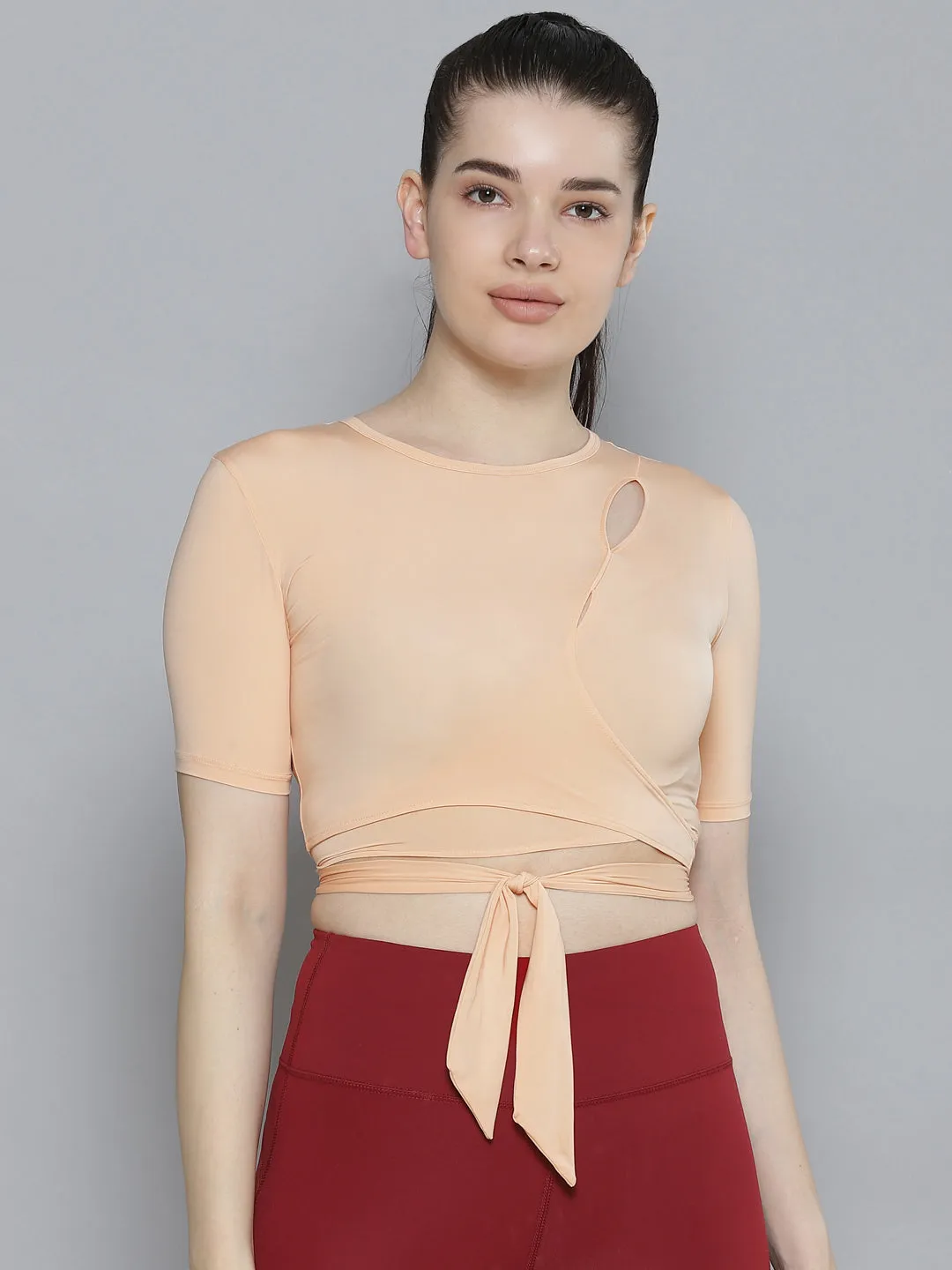 Women's Nude-Colored Solid Crop Quick Dry Air Light Wrap Top